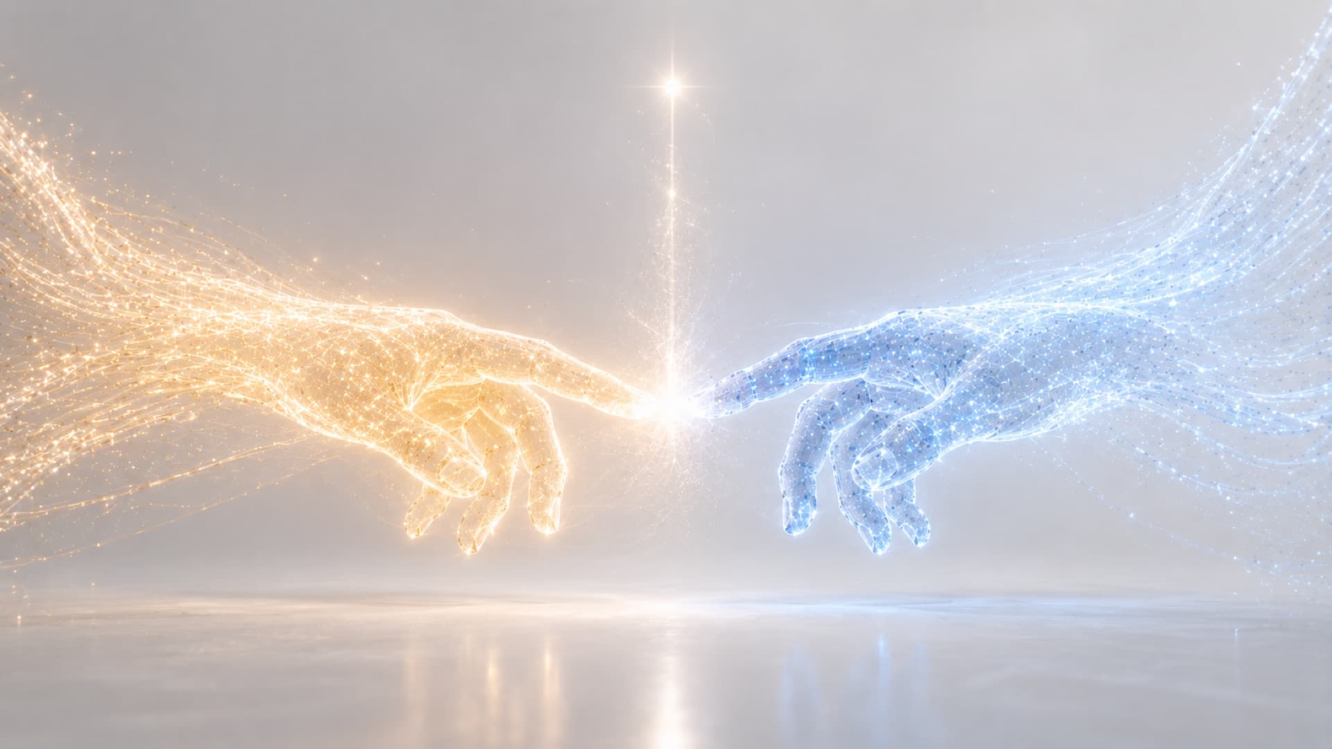 Două mâini de lumină care se ating — parteneriat între om și tehnologie